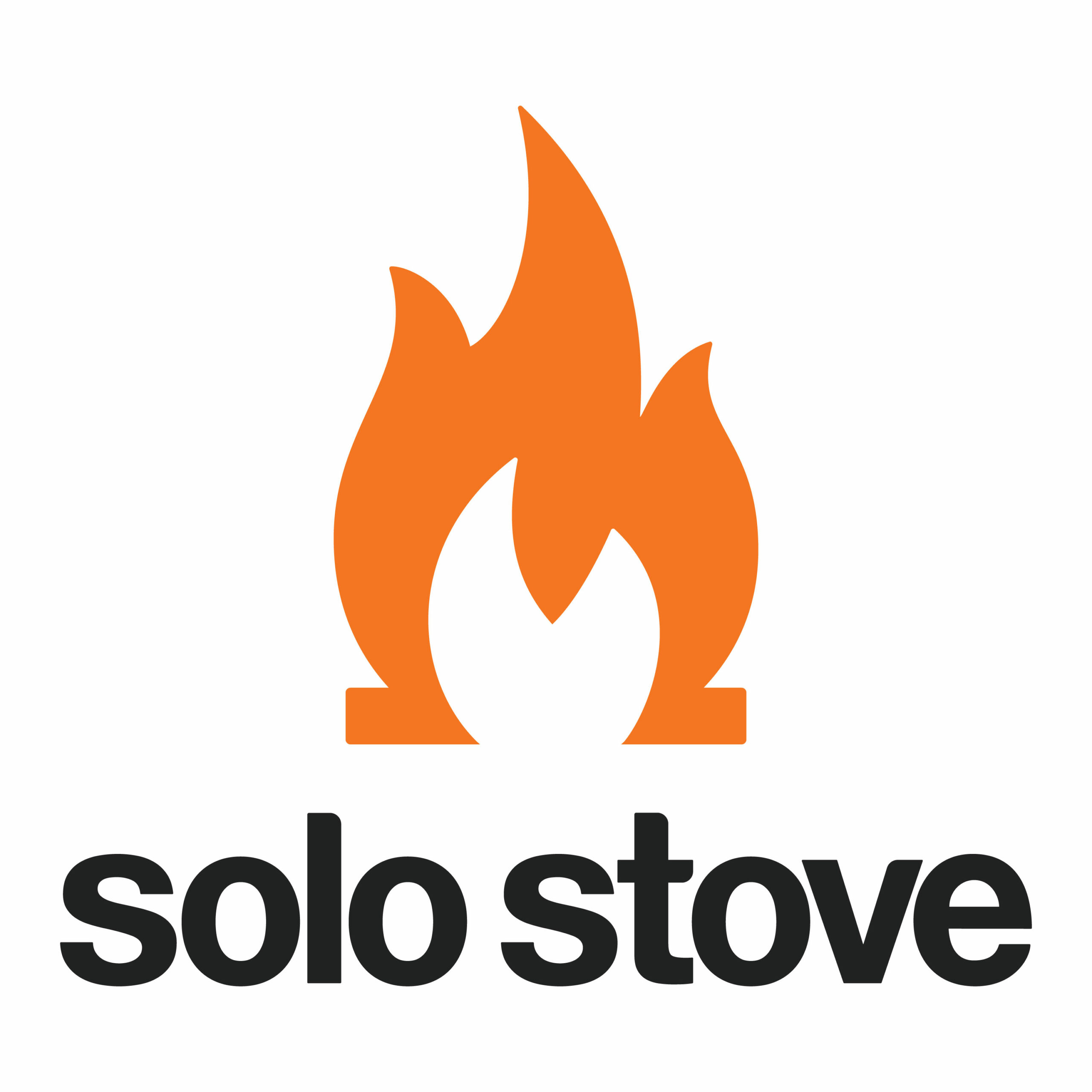 Solo Stove Logo - Orange cartoon flame above company name written in black