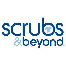 Scrubs & Beyond Logo - blue text with a small light blue scrub shirt in the hole of the "b" at the end of Scrubs