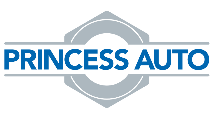 Princess Auto Logo - Company name in blue text overlaid on a grey nut piece