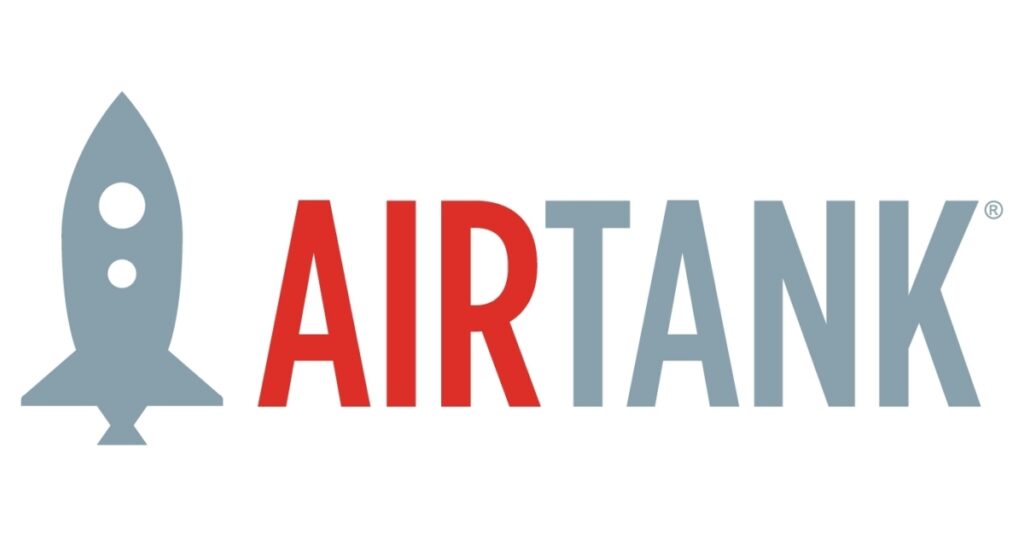 AirTank Logo - Grey rocket shop "air tank" written in red and grey