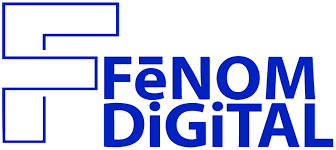 Fenom Digital Logo - In blue text Large F followed by "FeNOM DiGiTAL"