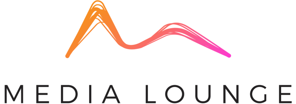 Media Lounge Logo - Orange to bright pink gradient wave lines above "MEDIA LOUNGE" in black