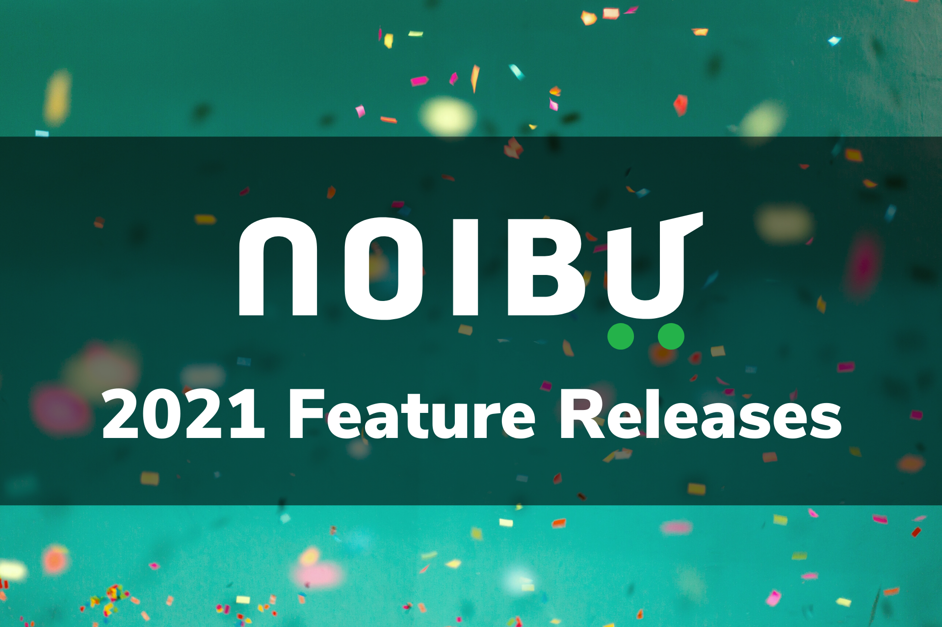 Noibu 2021 Feature Releases - White text over green background with multicolored confetti