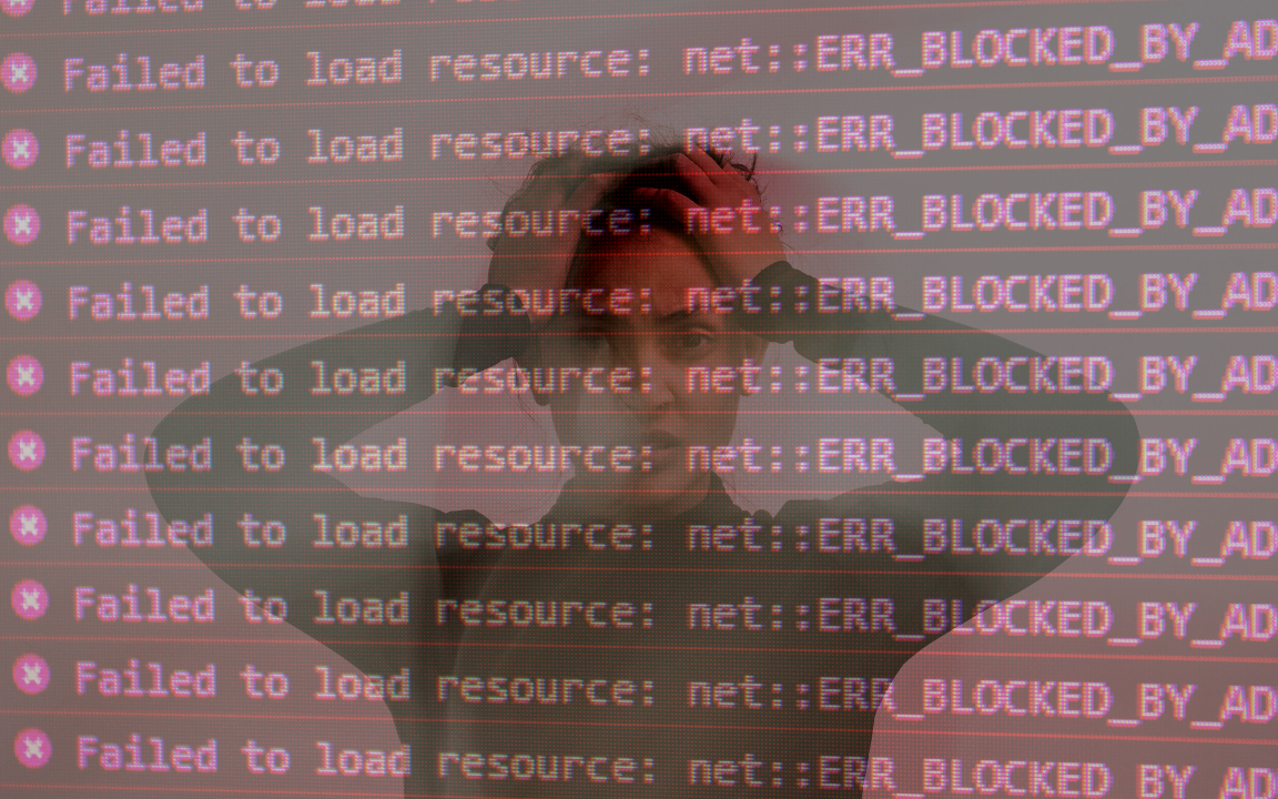 "Failed to load resource: net::ERR_BLOCKED_BY_" error code superimposed on a frustrated woman in a black shirt