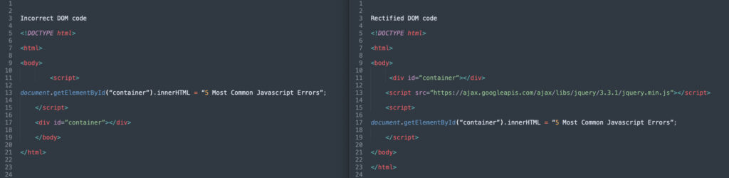 Incorrect and Correct DOM Code Examples in Javascript
