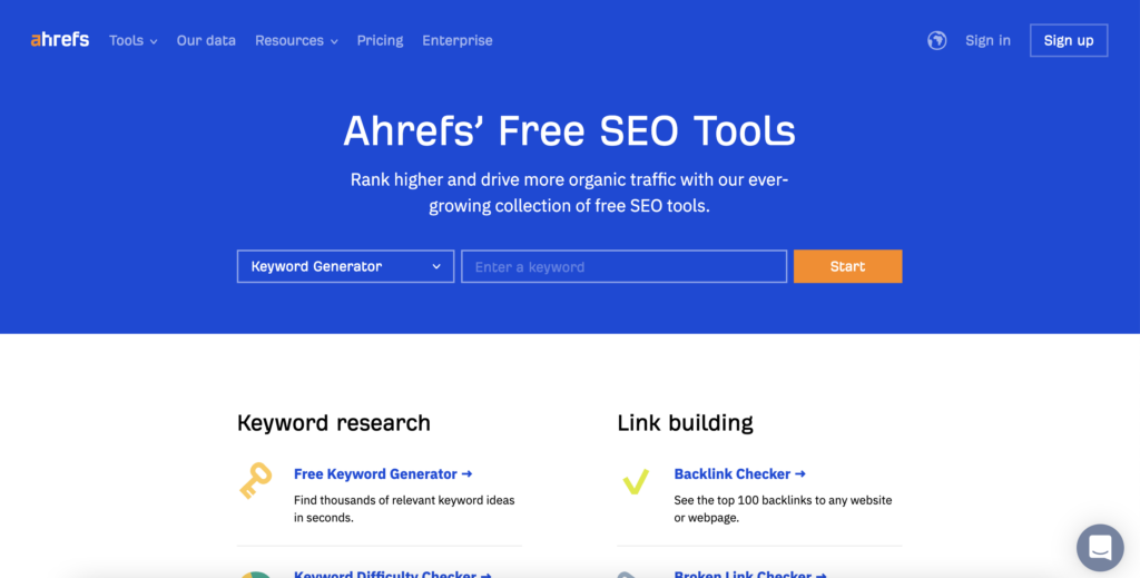 "Ahrefs Free SEO Tools" Product Home Page