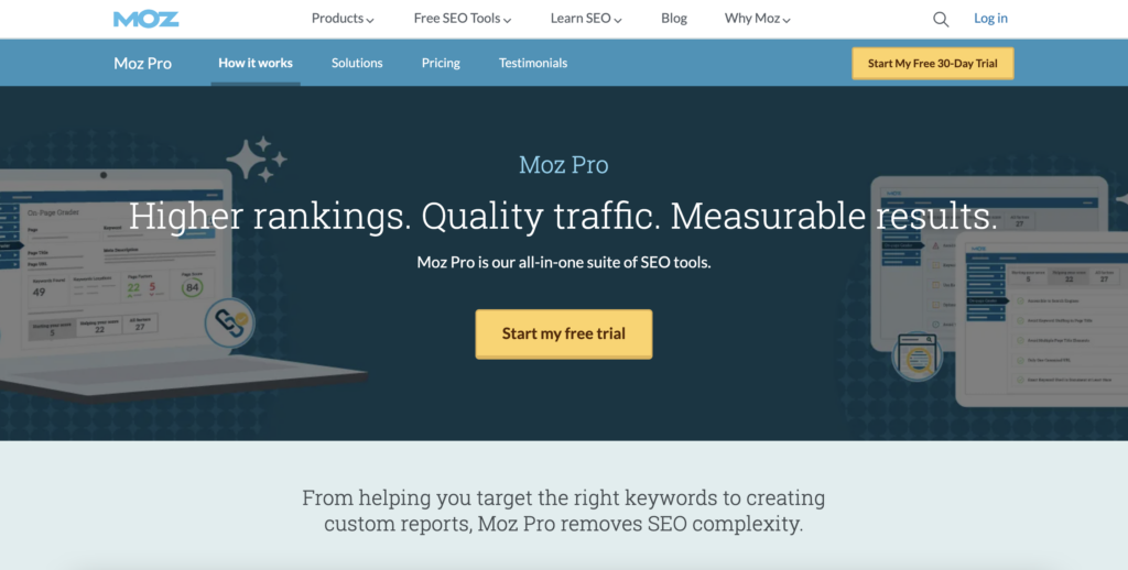 "Higher rankings. Quality traffic. Measurable results." Moz Pro Overview Page