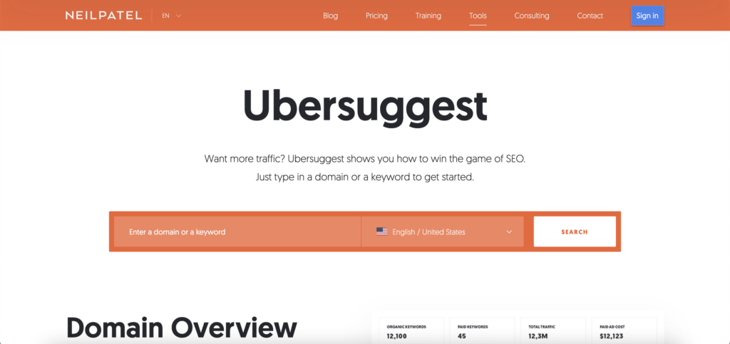 Ubersuggest domain and keyword search feature