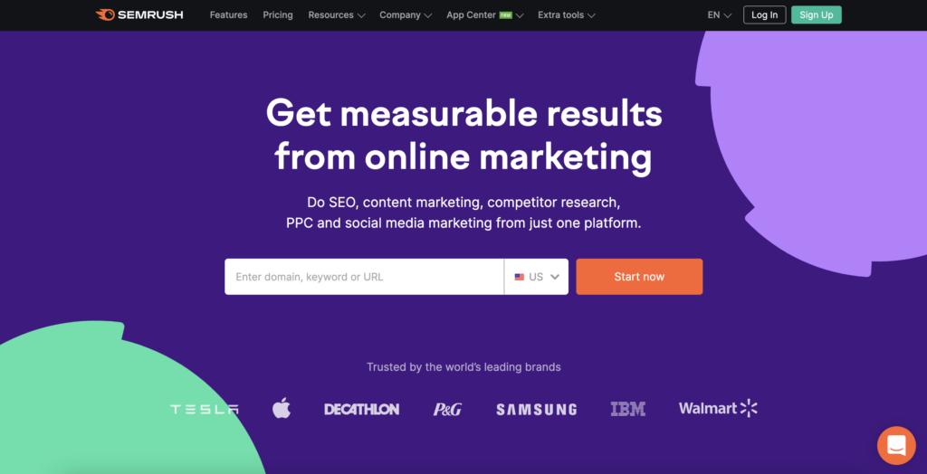 "Get measurable results from online marketing" SEMRush Homepage