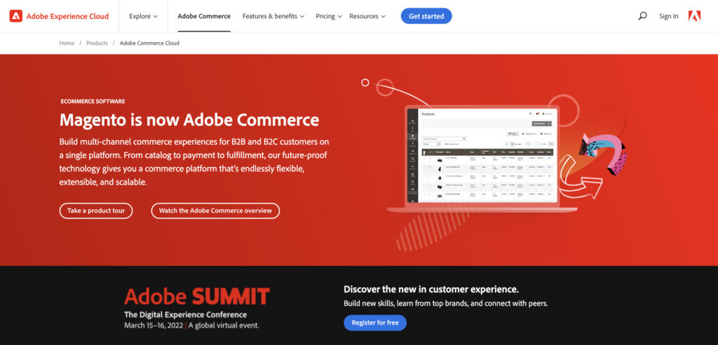 Adobe Commerce Home Page - Red background with white text reading, "Magento is new Adobe Commerce"