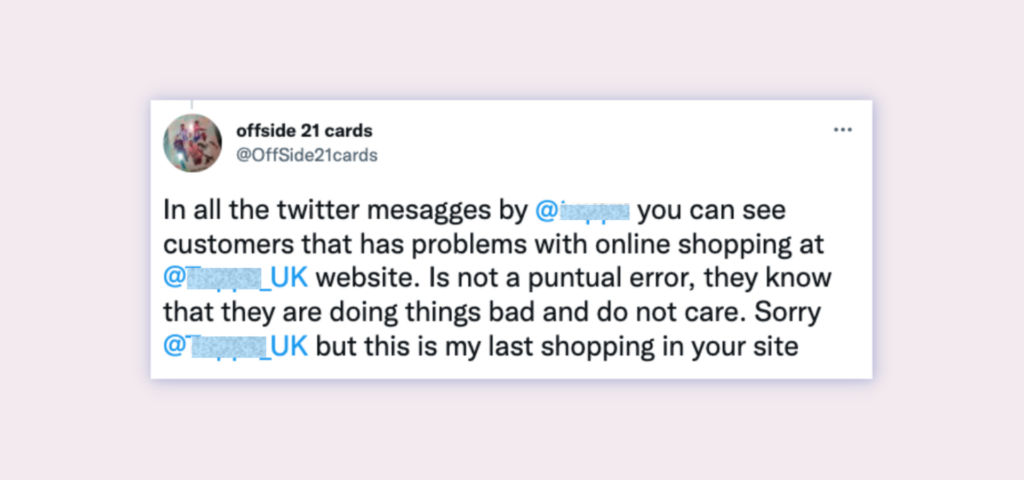 Tweet saying customer will not be returning to shop